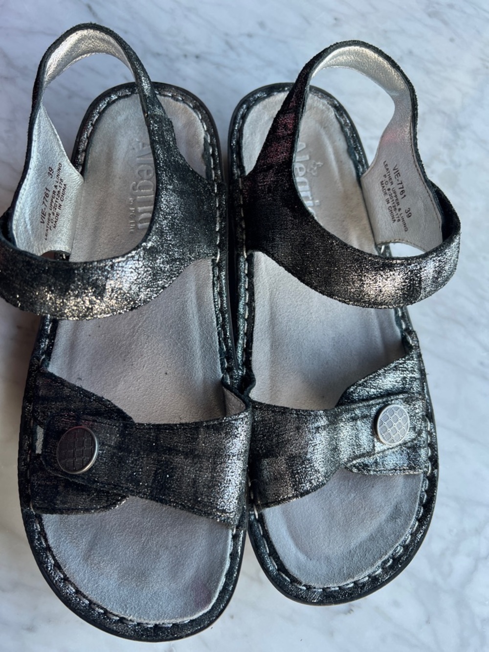 Alegria Vienna Smolder Black Silver Metallic Slingback Sandals